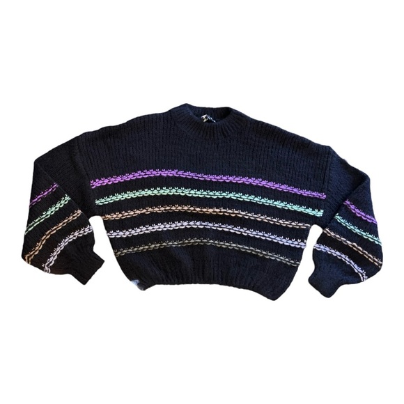 NVLT Stripe Wool Blend Balloon Sleeve Crop sweater in Black NWOT - Picture 2 of 5